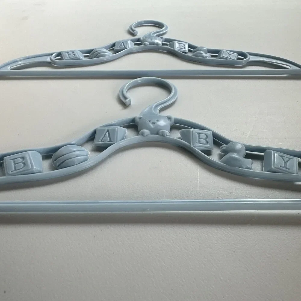 2 Vintage Blue Plastic Kids Clothes Hangers - Teddy Bear & Baby Blocks